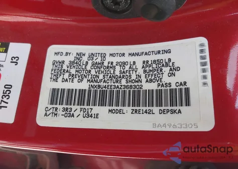 2010 Toyota Corolla S из США, поврежденный, VIN 1NXBU4EE3AZ368302